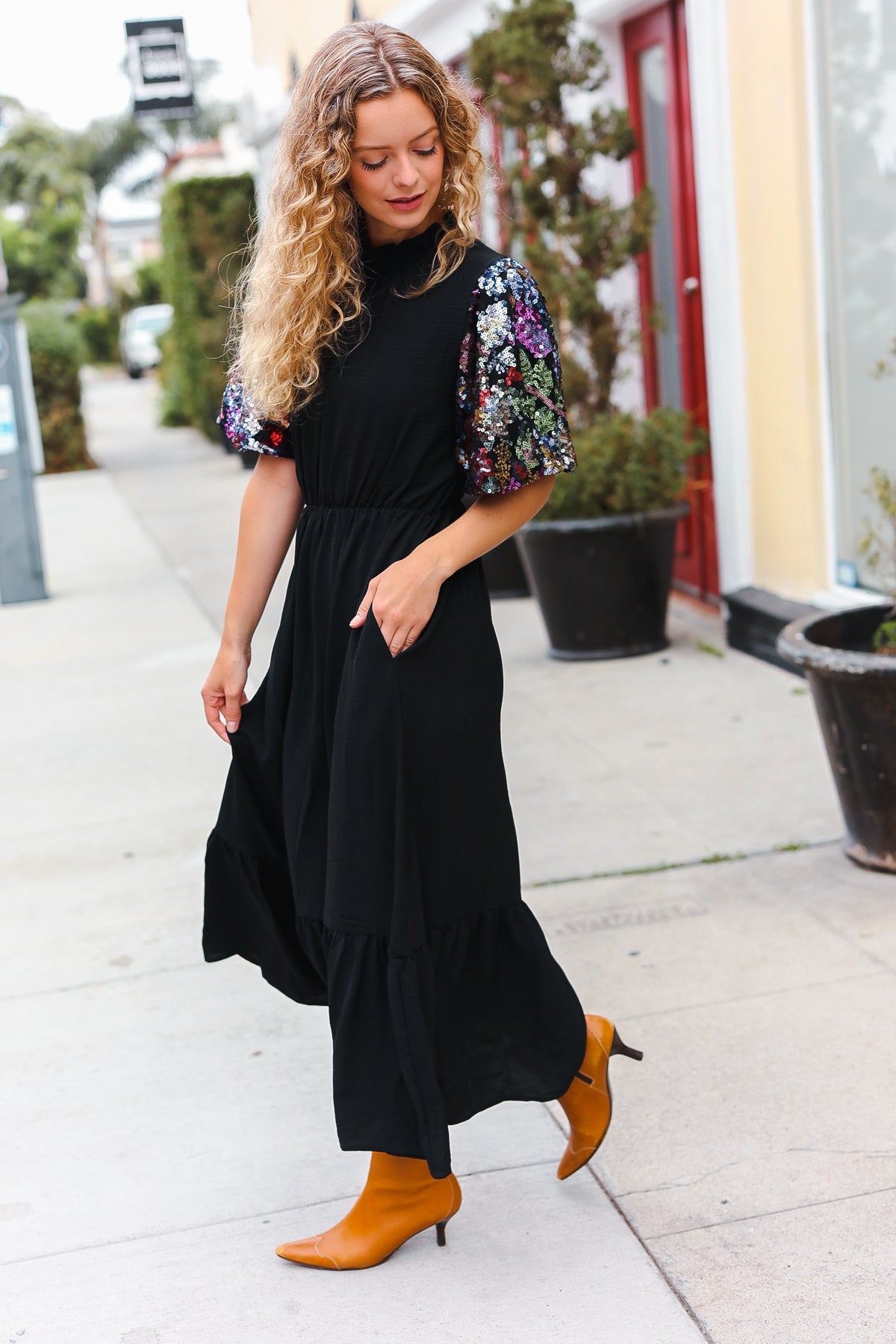 Black Floral Sequin Swift Puff Sleeve Mock Neck Tiered Maxi Dress