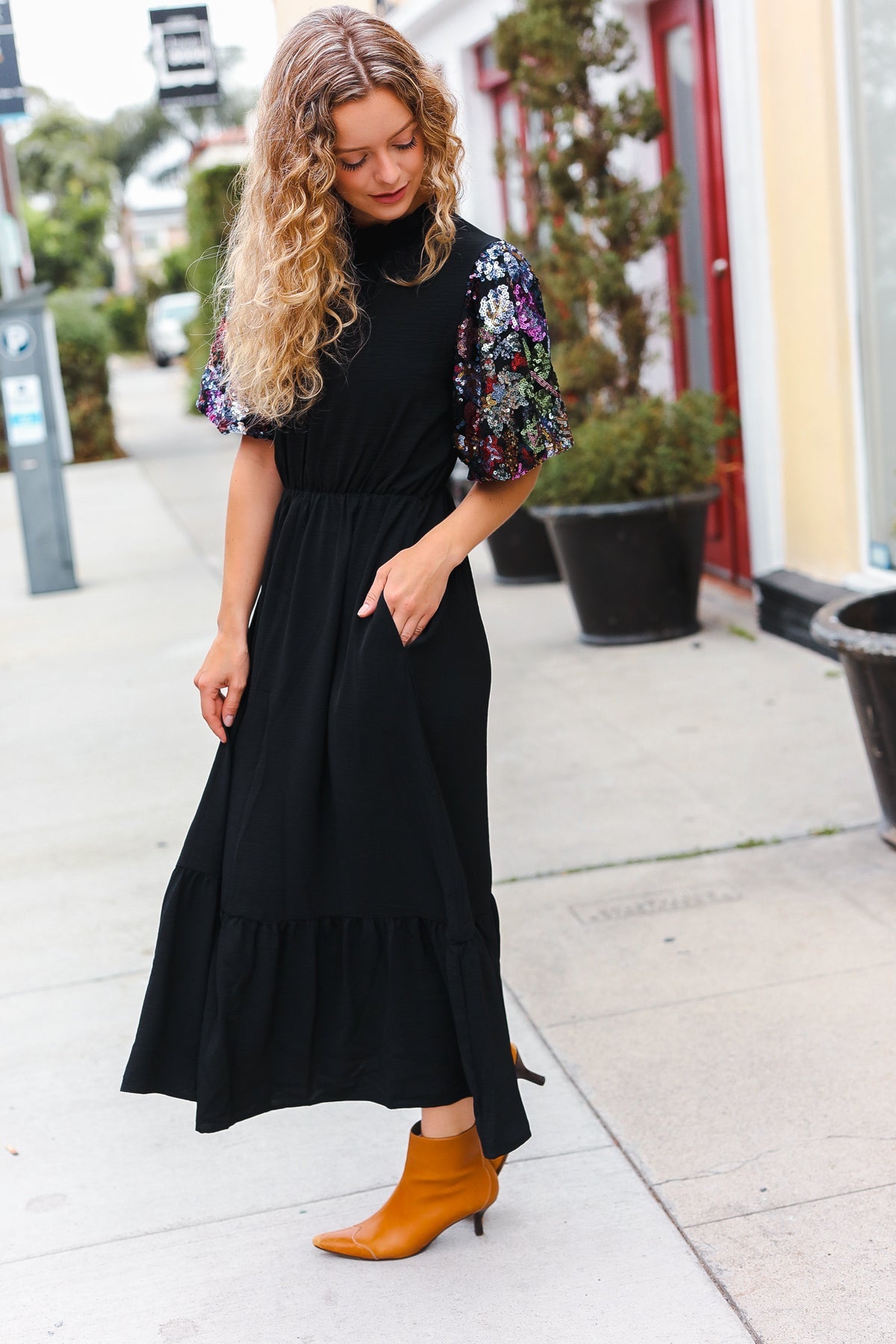 Black Floral Sequin Swift Puff Sleeve Mock Neck Tiered Maxi Dress