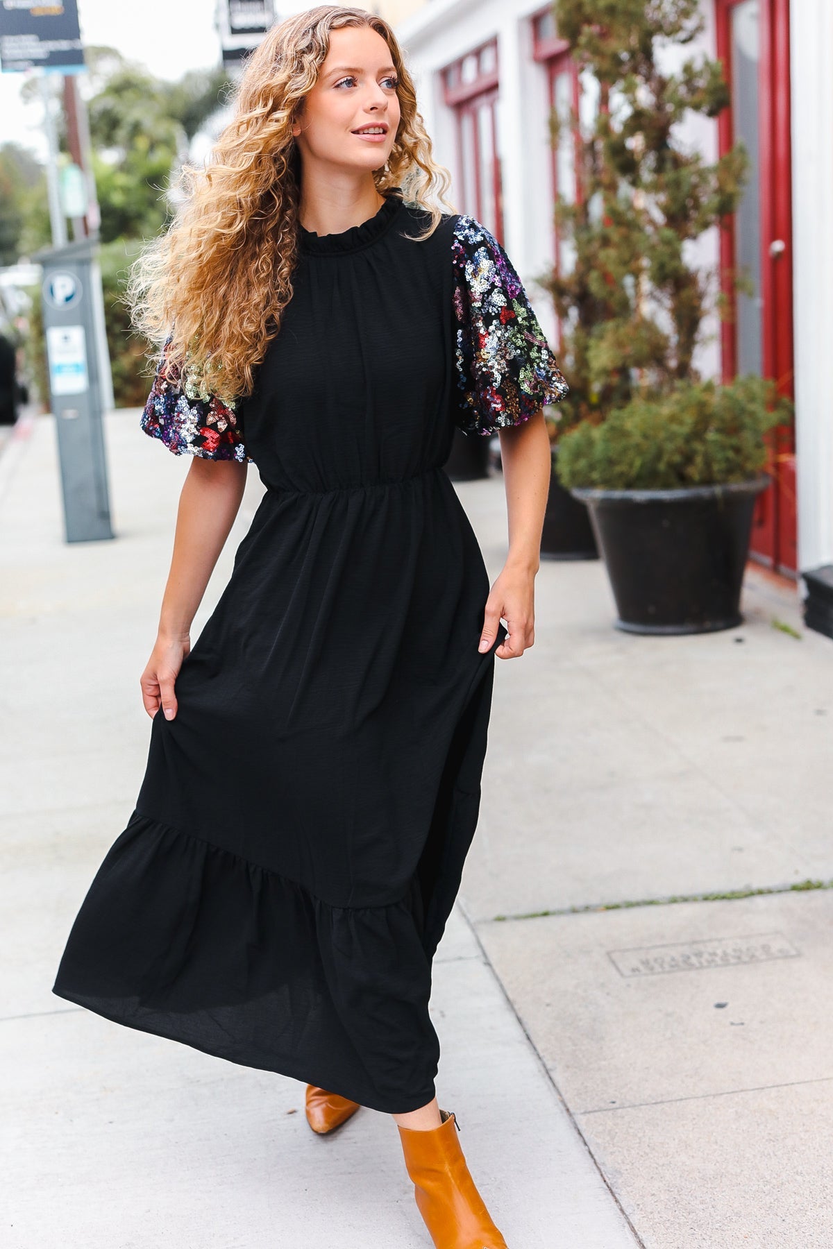 Black Floral Sequin Swift Puff Sleeve Mock Neck Tiered Maxi Dress