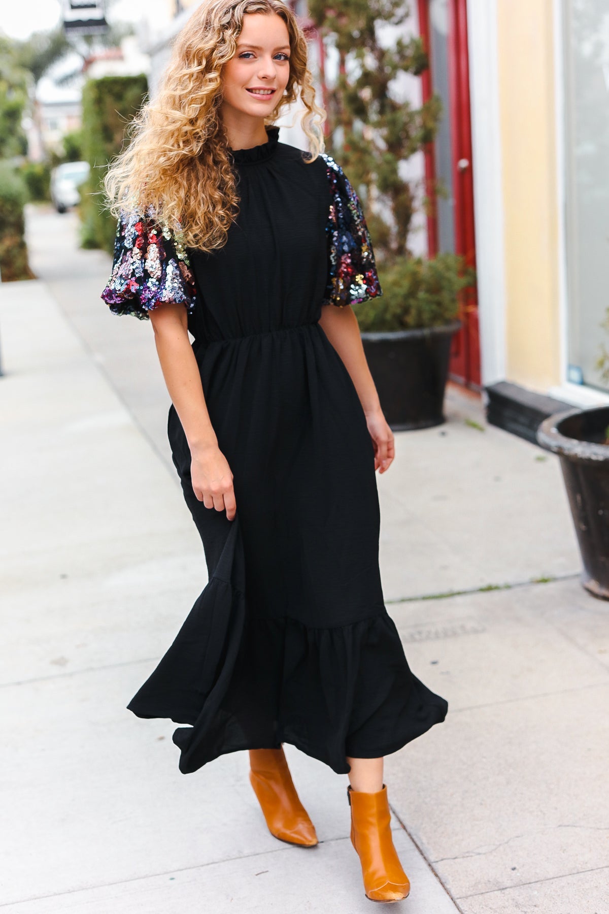 Black Floral Sequin Swift Puff Sleeve Mock Neck Tiered Maxi Dress