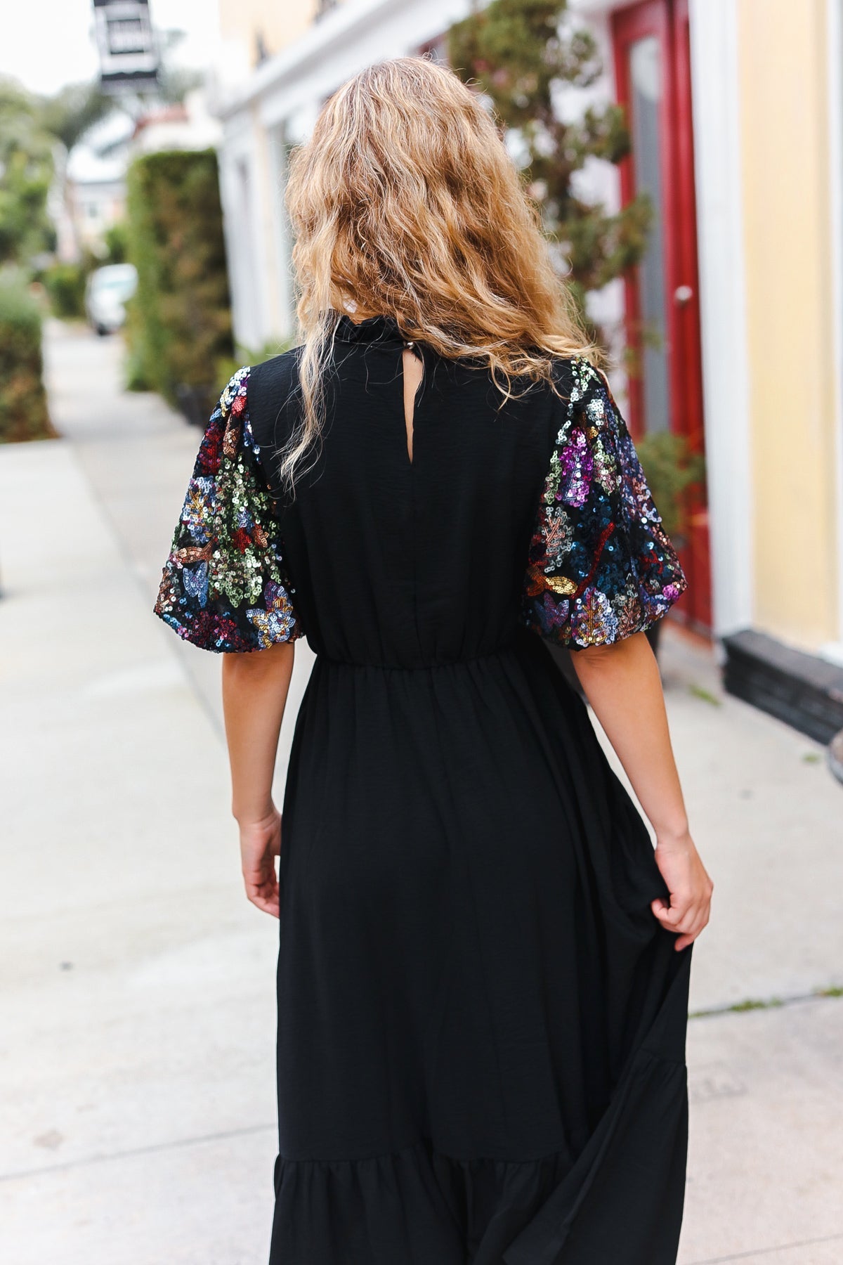 Black Floral Sequin Swift Puff Sleeve Mock Neck Tiered Maxi Dress