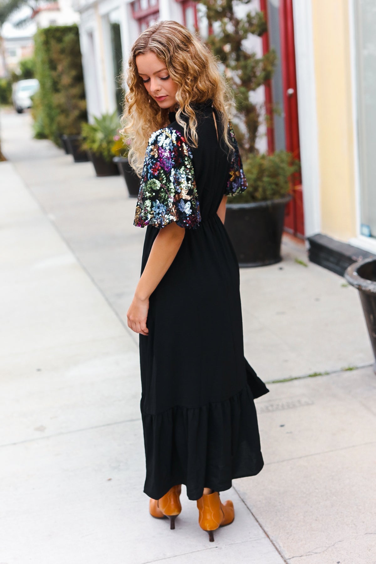 Black Floral Sequin Swift Puff Sleeve Mock Neck Tiered Maxi Dress