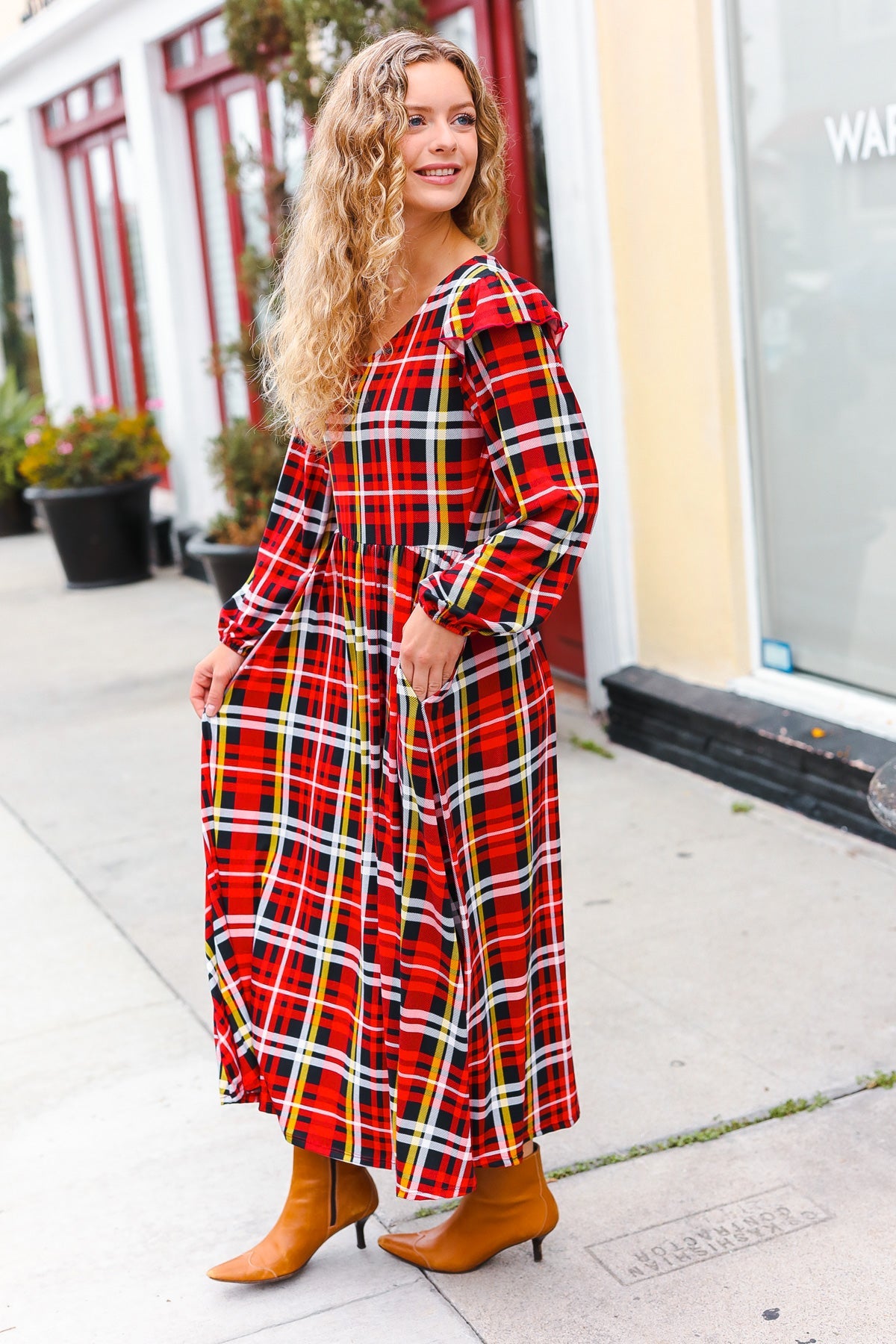 Holiday Plaid Ruffle Detail Fit & Flare Midi Dress