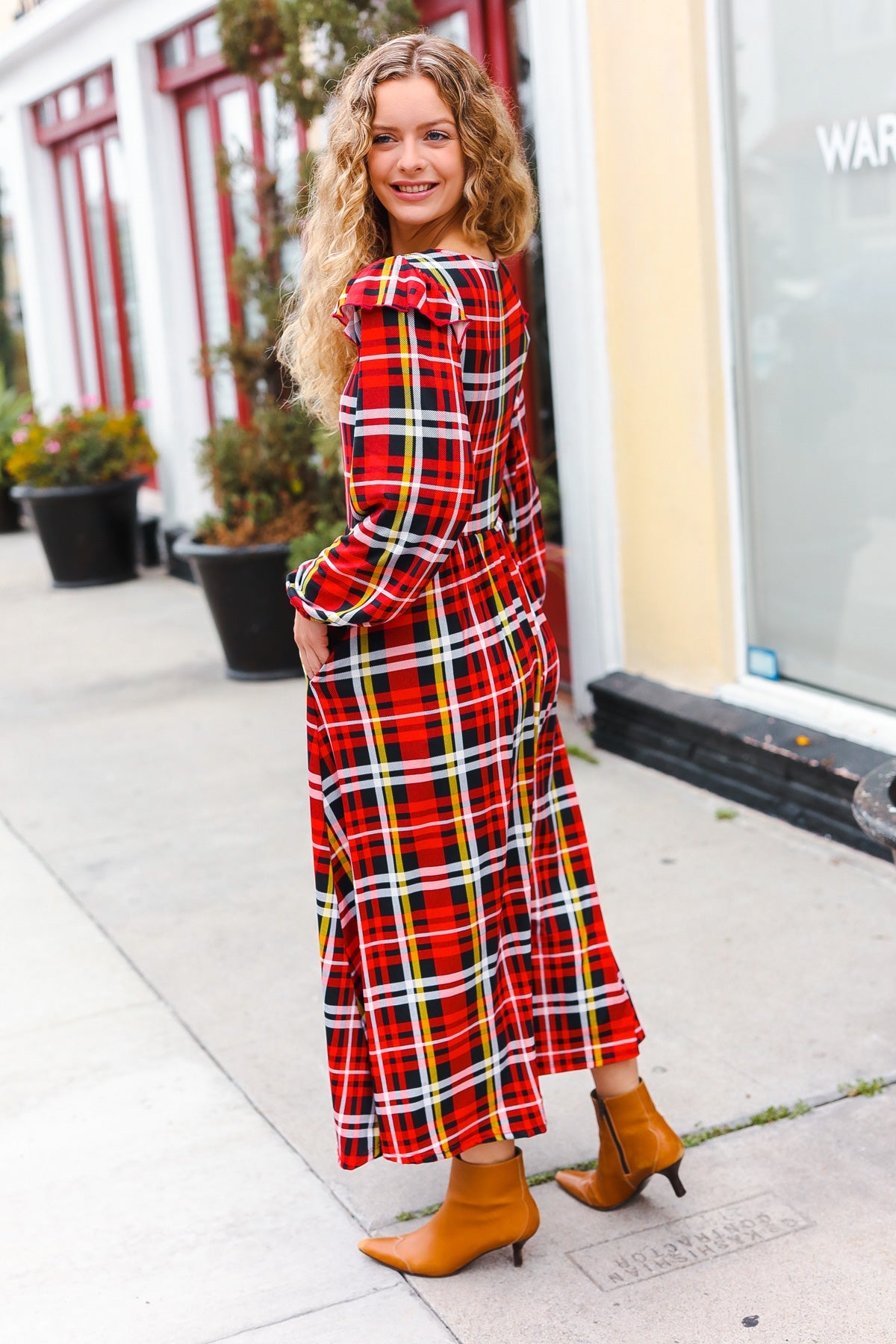 Holiday Plaid Ruffle Detail Fit & Flare Midi Dress