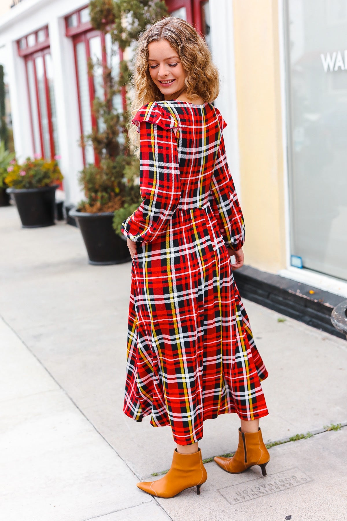 Holiday Plaid Ruffle Detail Fit & Flare Midi Dress