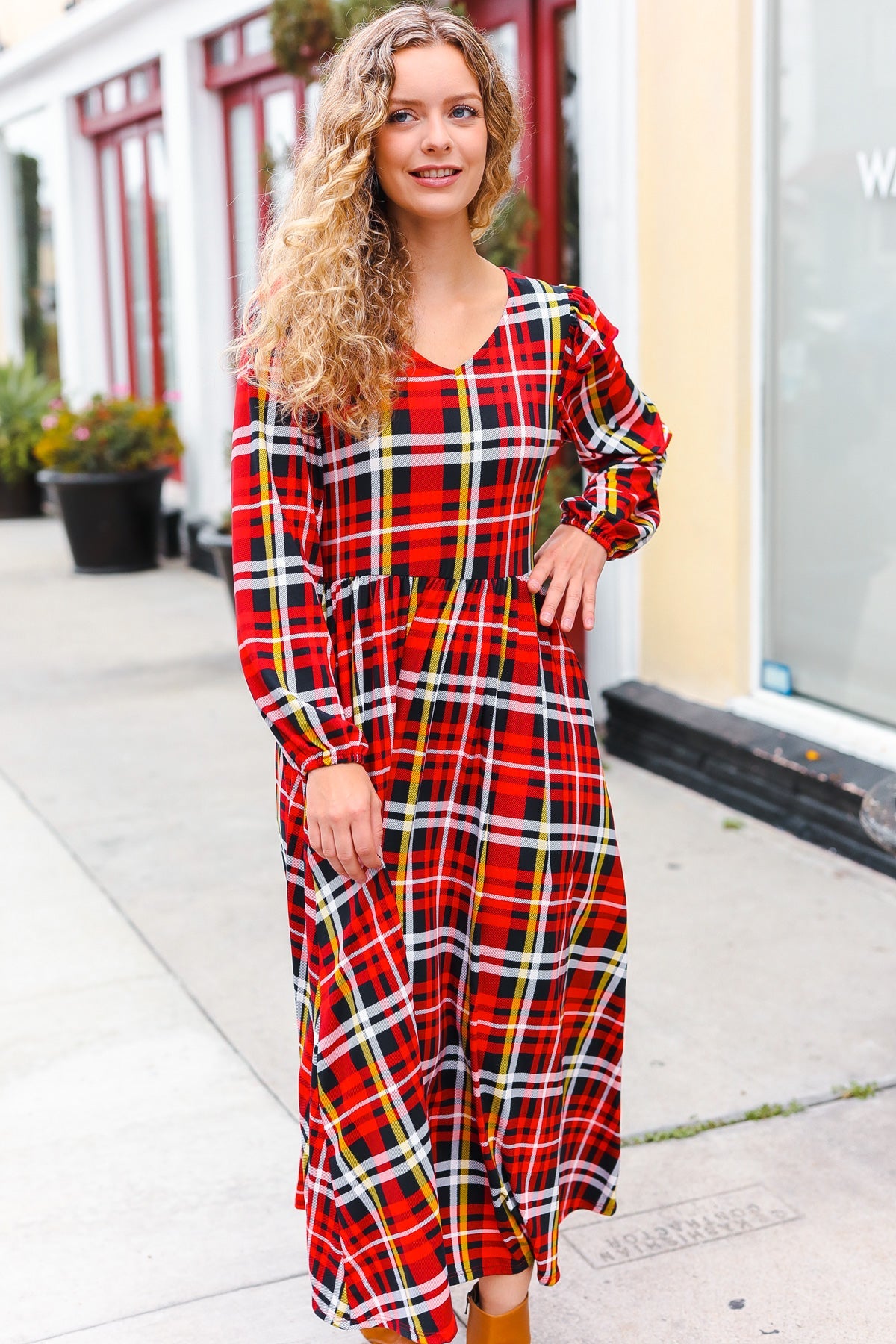 Holiday Plaid Ruffle Detail Fit & Flare Midi Dress