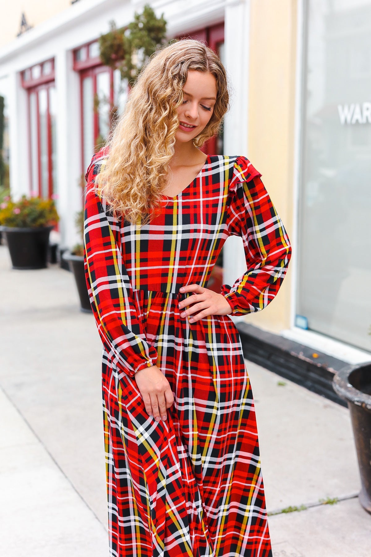 Holiday Plaid Ruffle Detail Fit & Flare Midi Dress