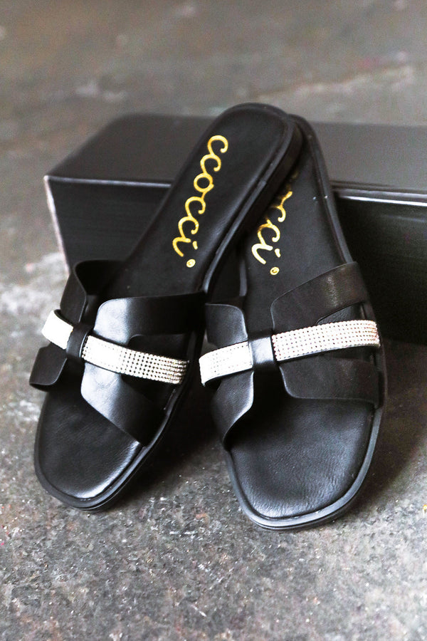 Black Vegan Leather & Rhinestone Slide Sandals