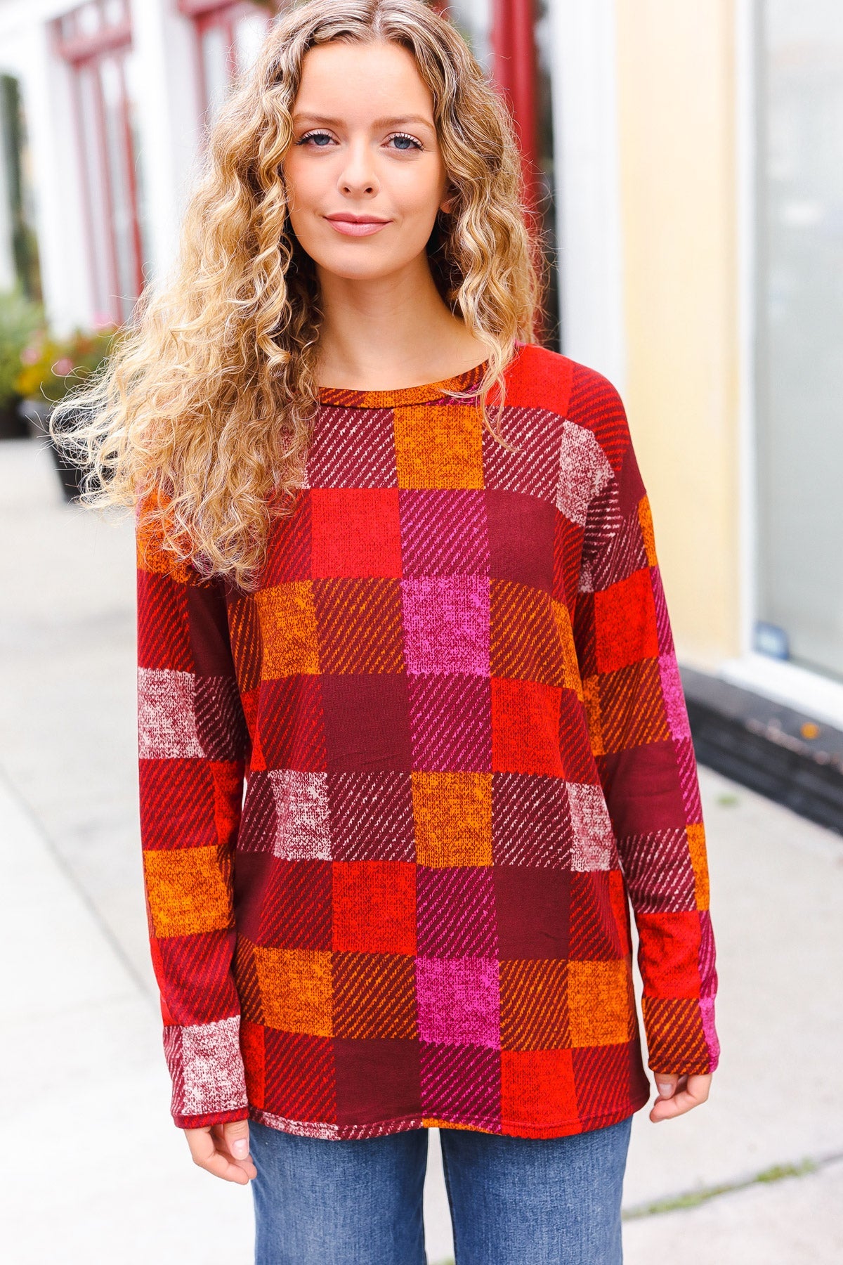 You Got This Burgundy Checker Plaid Print Hacci Knit Top