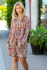 Taupe & Maroon Floral Long Sleeve Babydoll Dress