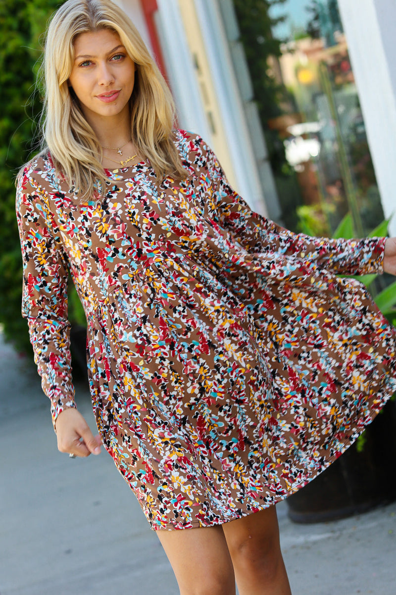 Taupe & Maroon Floral Long Sleeve Babydoll Dress
