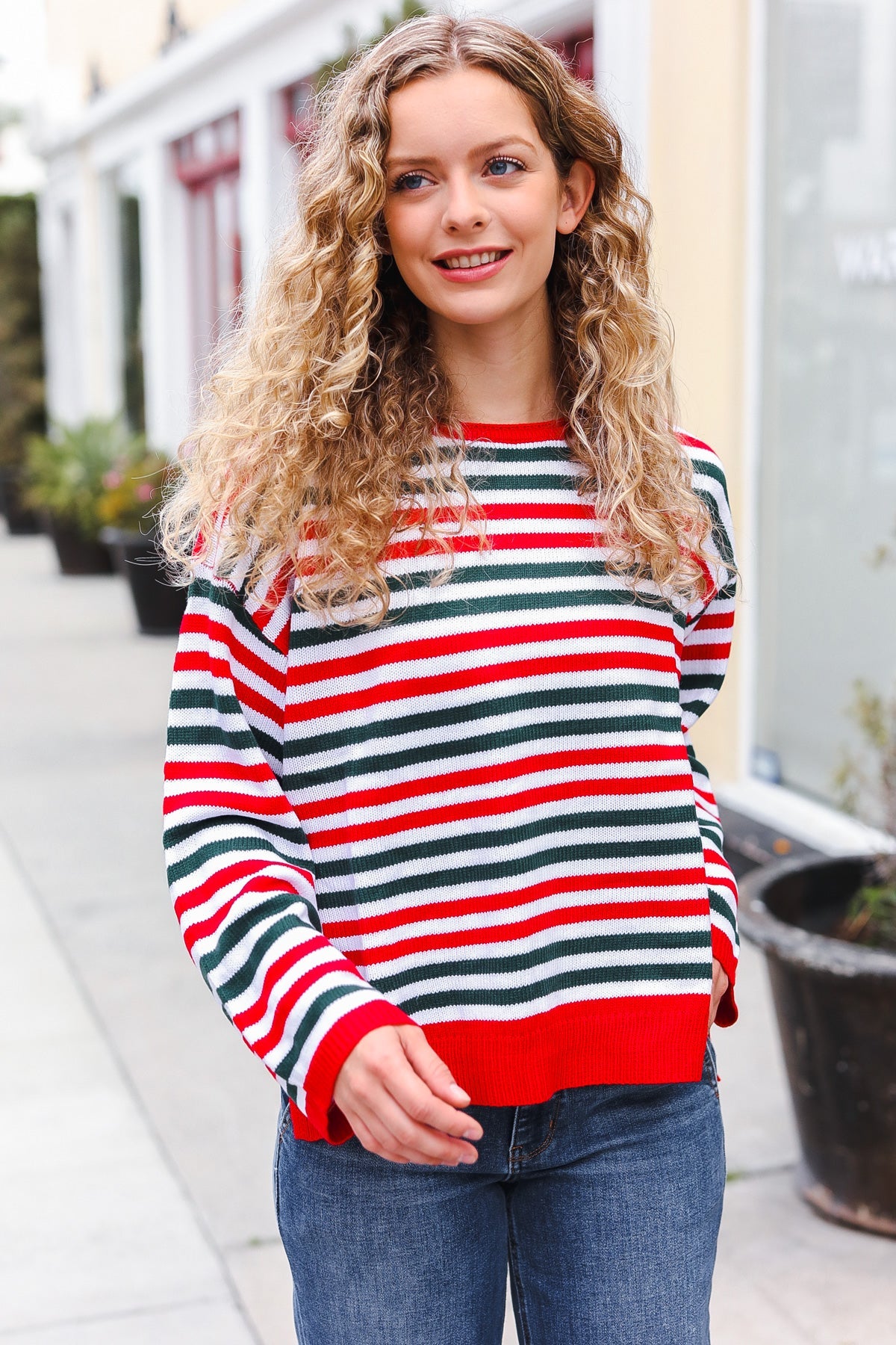 Christmas Red & Green Striped Oversized Knit Sweater