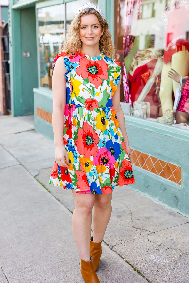 Sunny Days Multicolor Floral Print Tiered Ruffle Sleeve Dress
