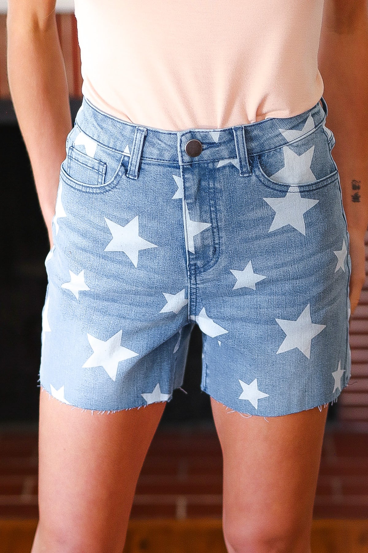 Light Wash Star Print High Rise Denim Shorts -SALE-