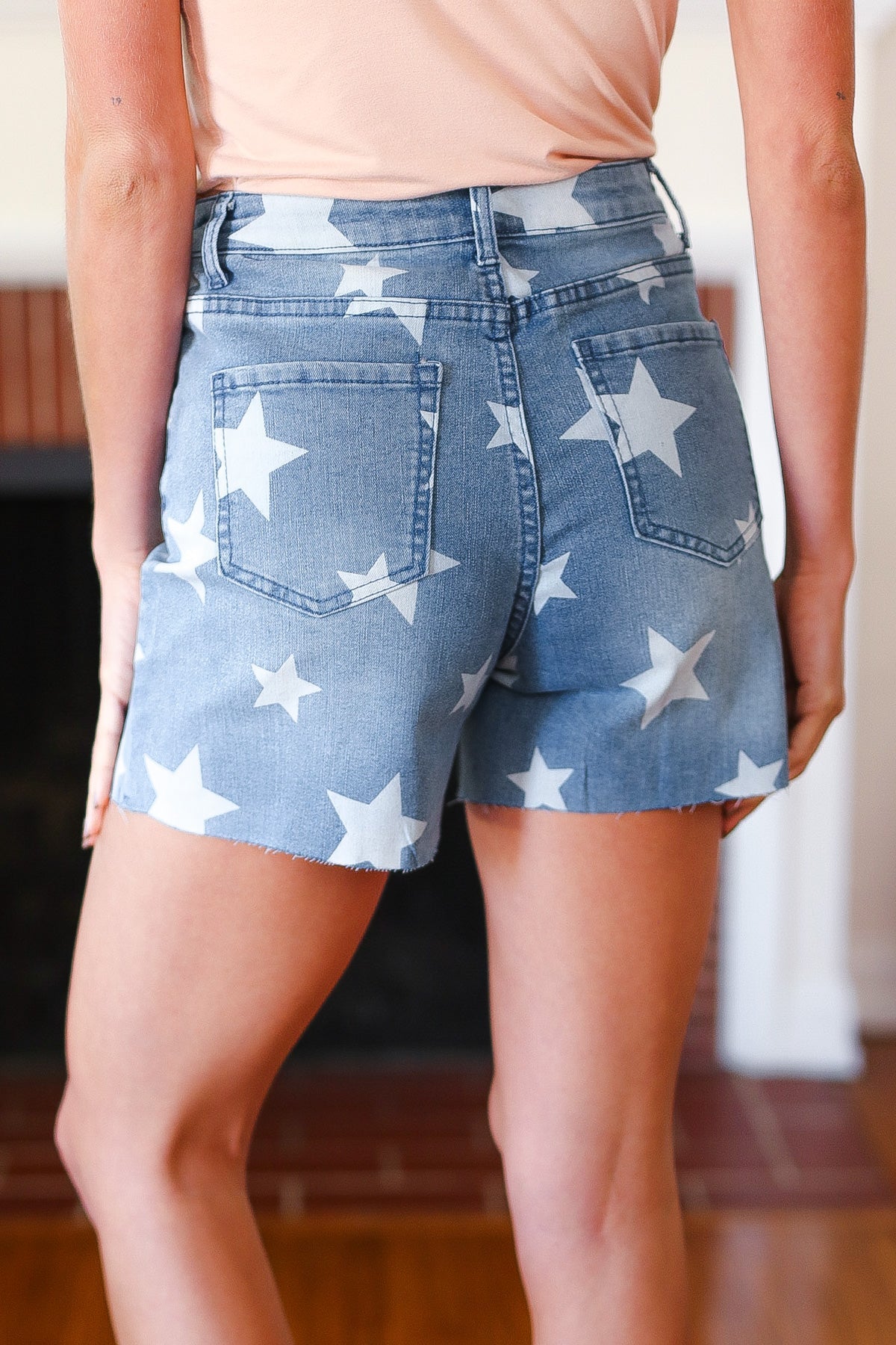 Light Wash Star Print High Rise Denim Shorts -SALE-