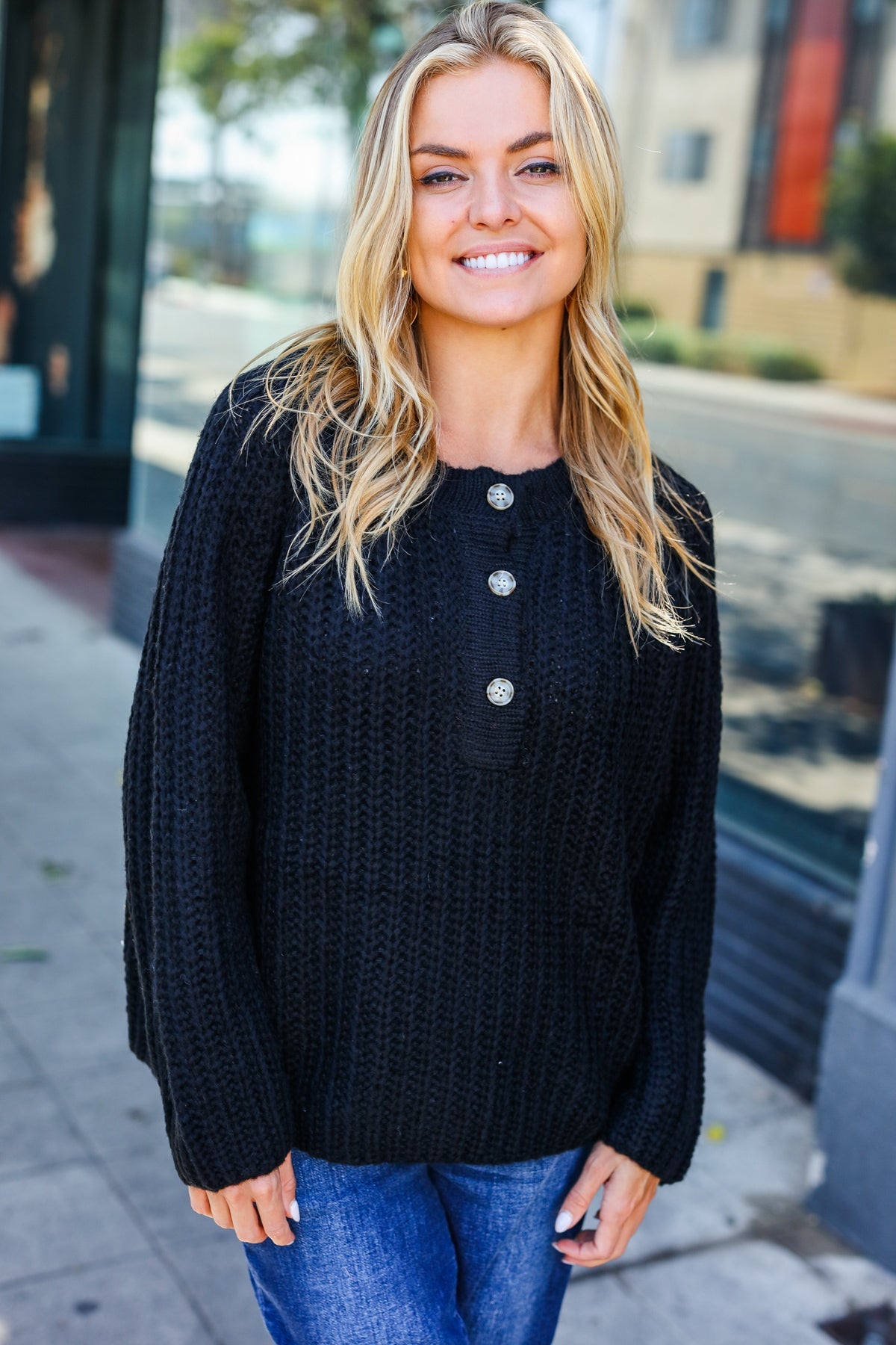 Casual Living Black Loose Knit Henley Button Sweater