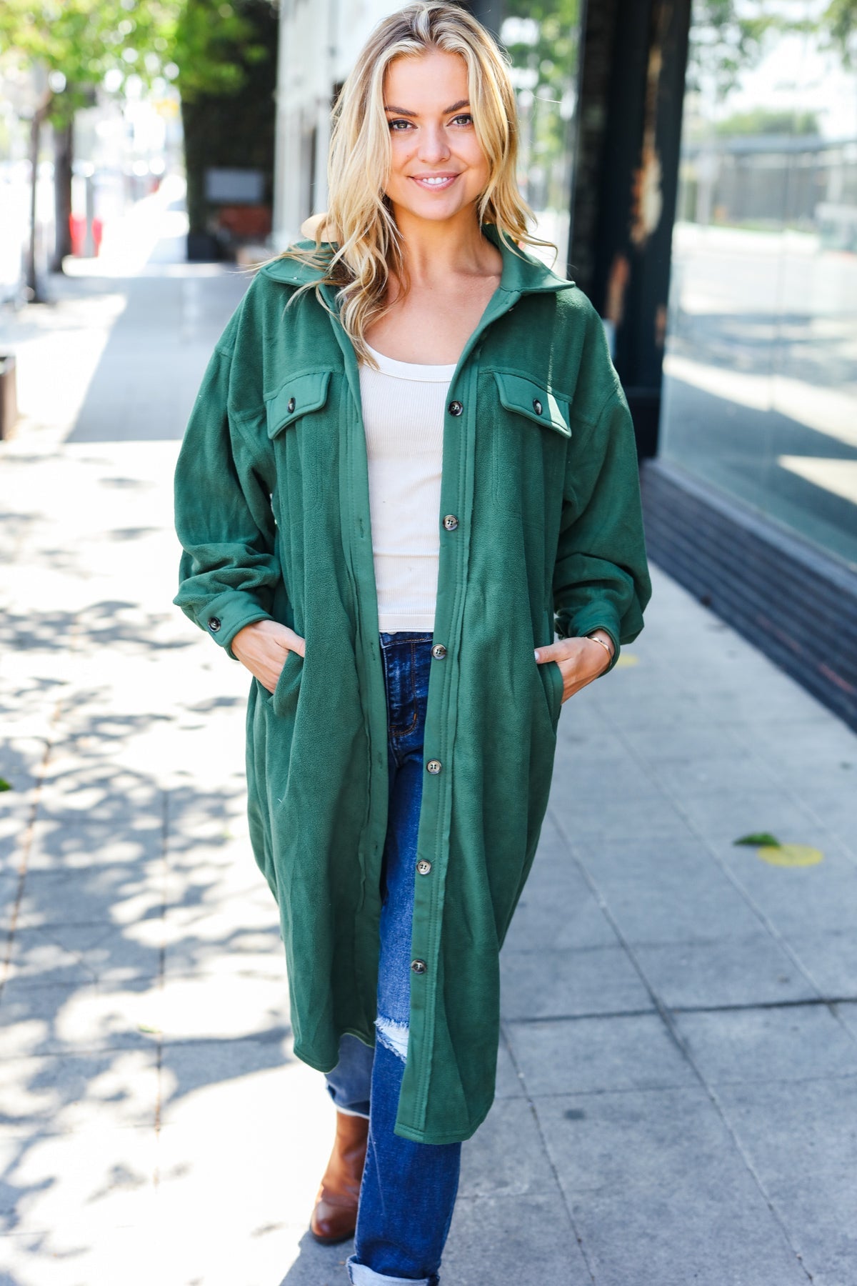 Turn Heads Forest Green Fleece Button Down Duster Jacket