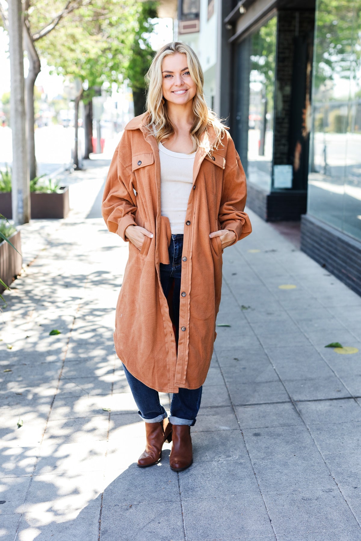 Turn Heads Camel Fleece Button Down Duster Jacket