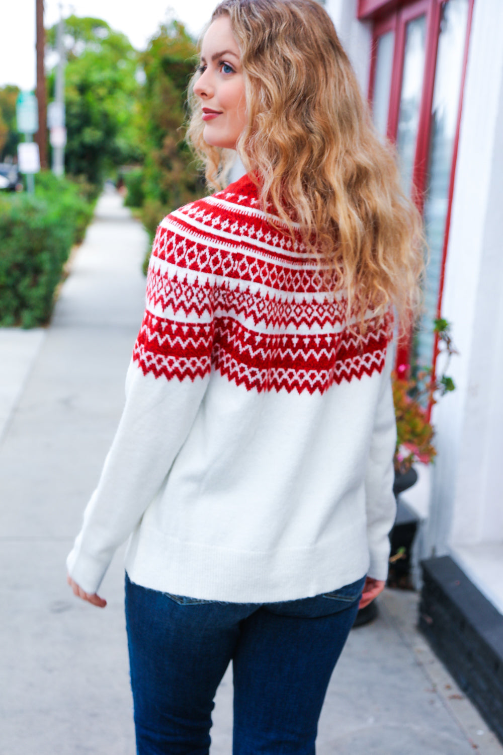 Feeling Festive Ivory & Red Fair Isle Mock Neck Sweater