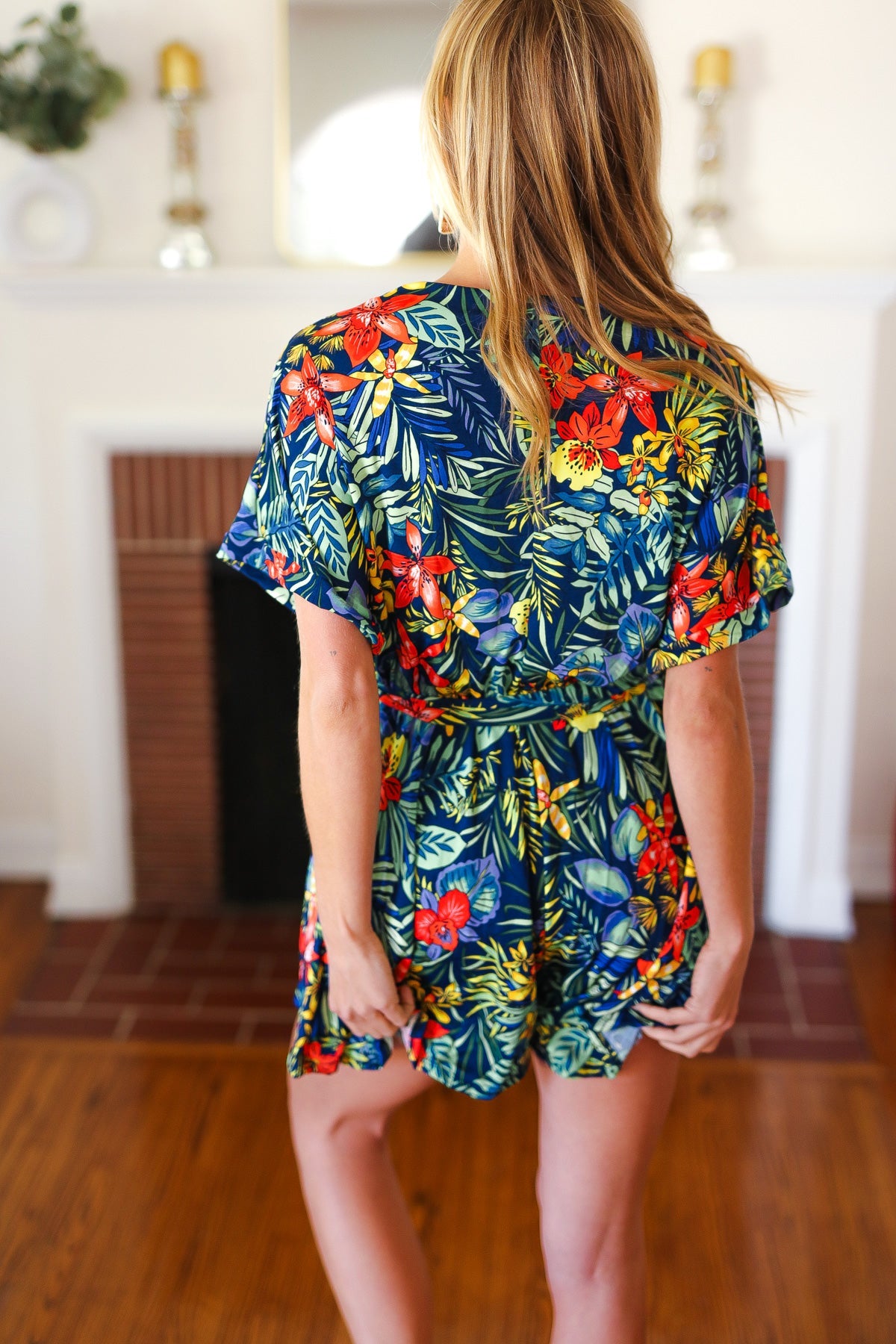 Navy Tropical Floral Surplice Romper -SALE-