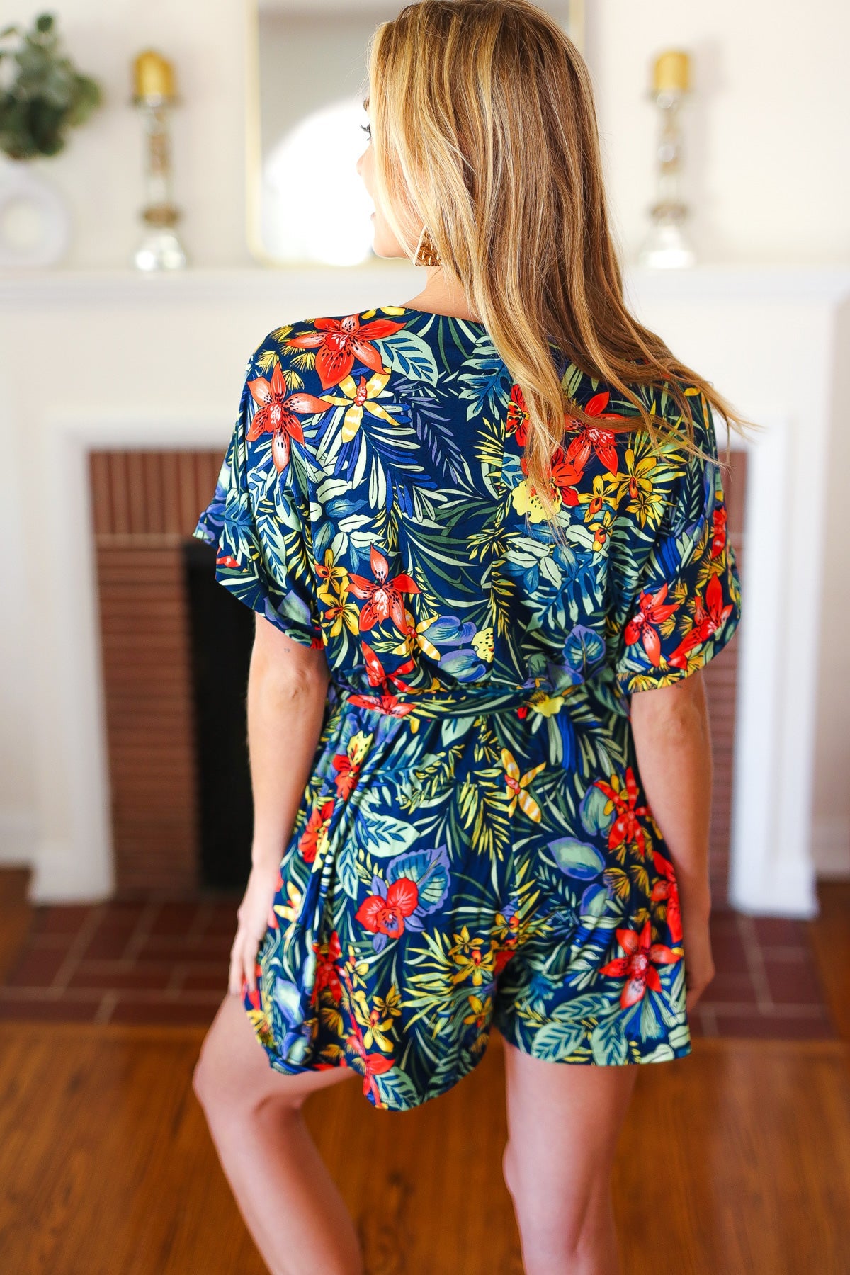 Navy Tropical Floral Surplice Romper -SALE-