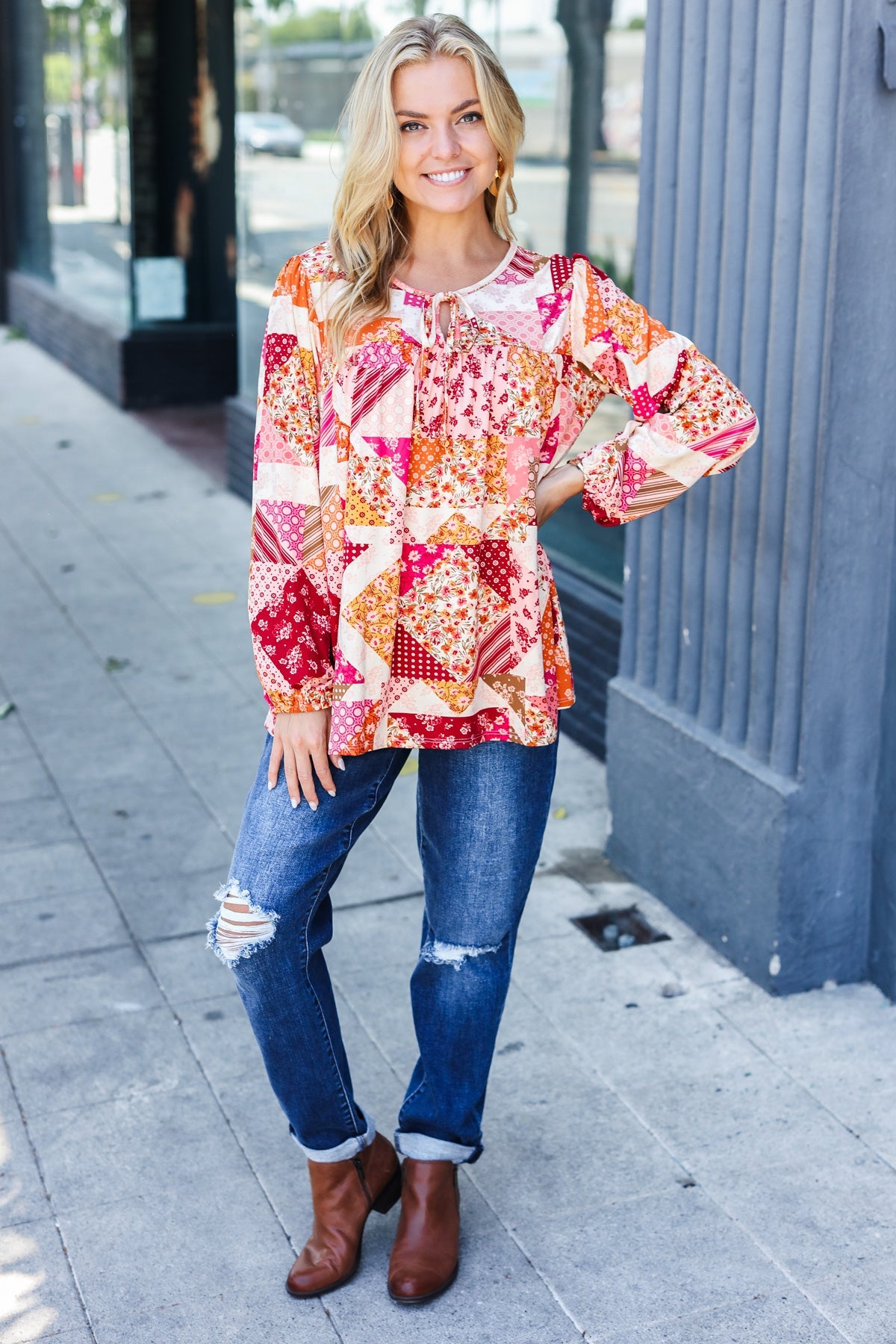 Rust & Magenta Patchwork Print Front Tie Boho Top