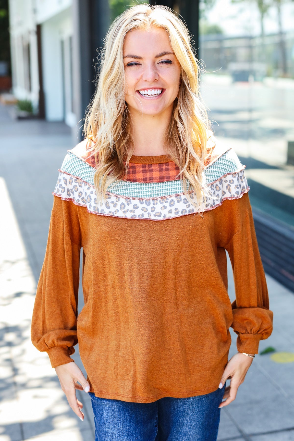 Rust Plaid & Leopard Color Block Tone Hacci Pullover