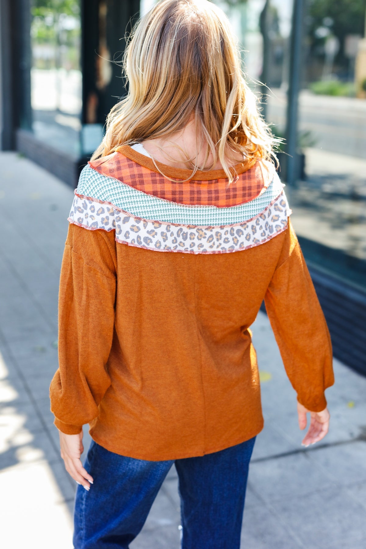 Rust Plaid & Leopard Color Block Tone Hacci Pullover