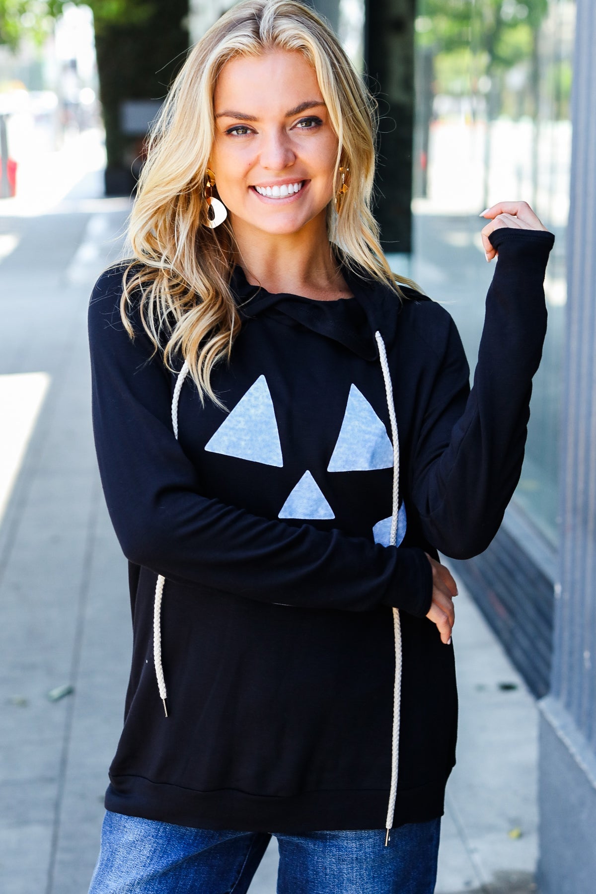 Black Jack-O-Lantern Terry Thumb Hole Double Hoodie