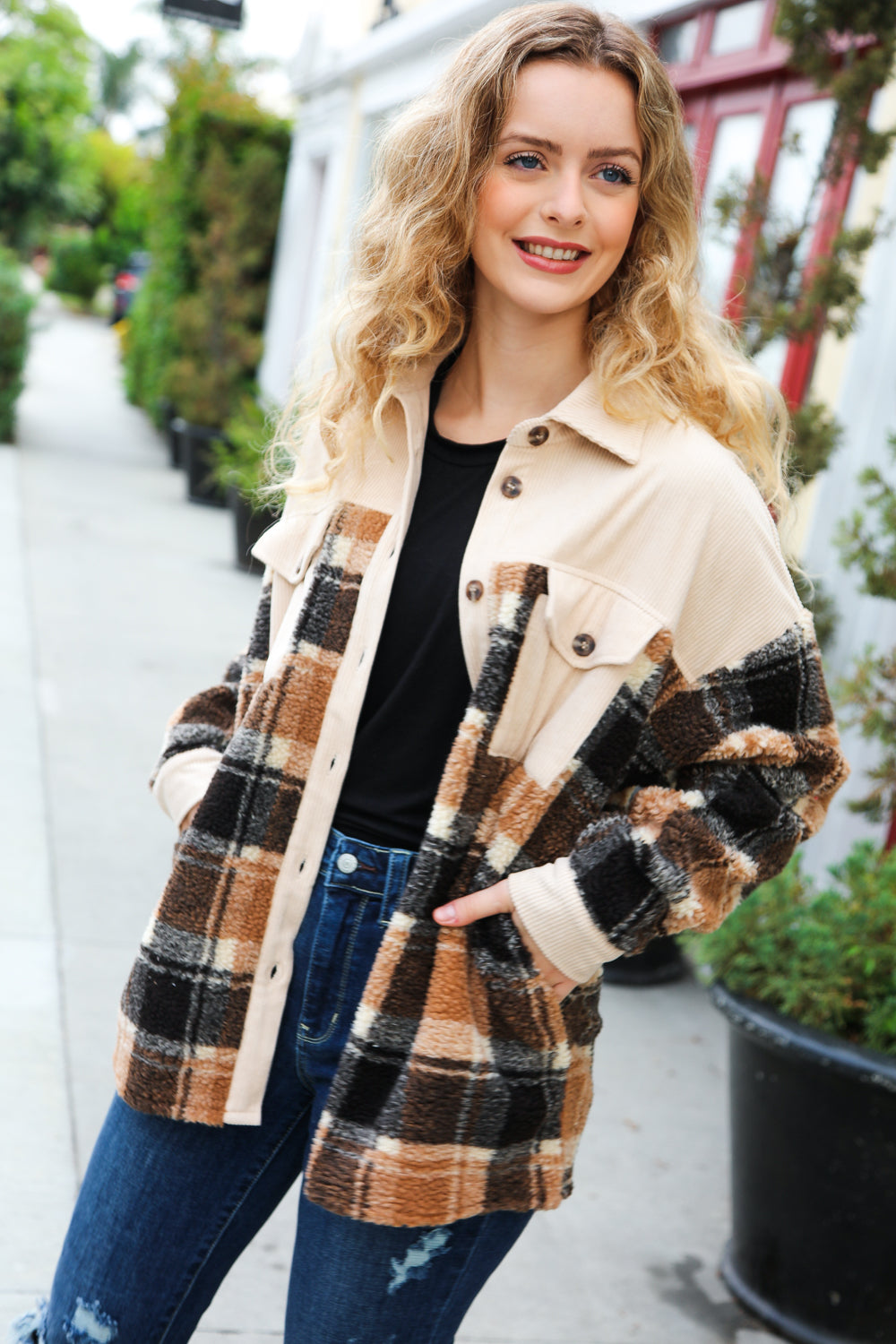 Adorable Taupe Corduroy & Plaid Sherpa Button Jacket