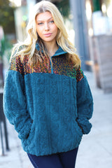 Going With You Teal Sequin & Sherpa Half Zip Pullover