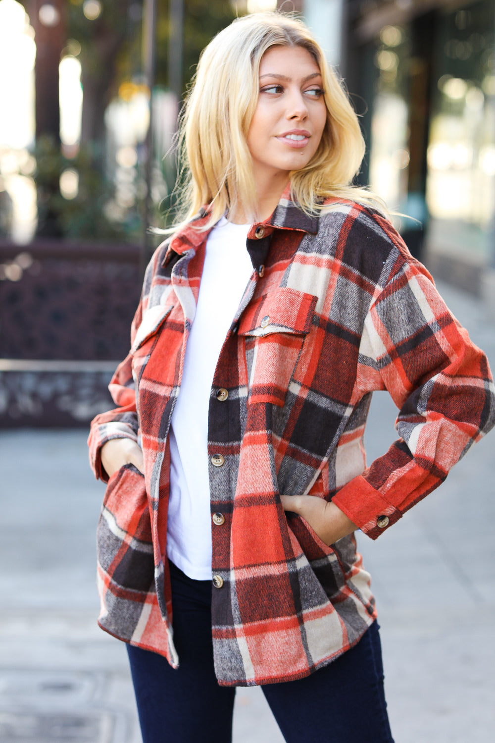 Rust Plaid Flannel Button Down Shacket -SALE-