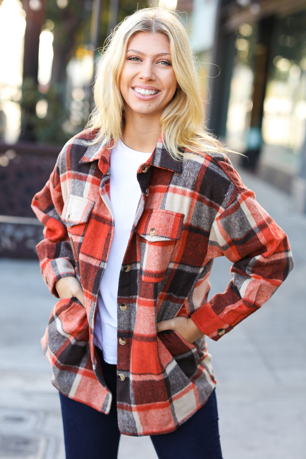 Rust Plaid Flannel Button Down Shacket -SALE-