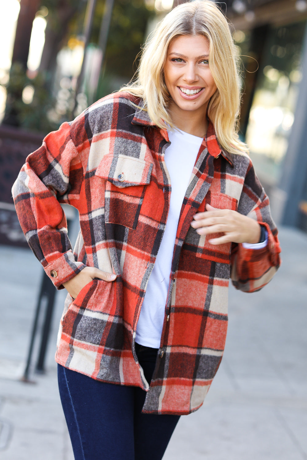 Rust Plaid Flannel Button Down Shacket -SALE-