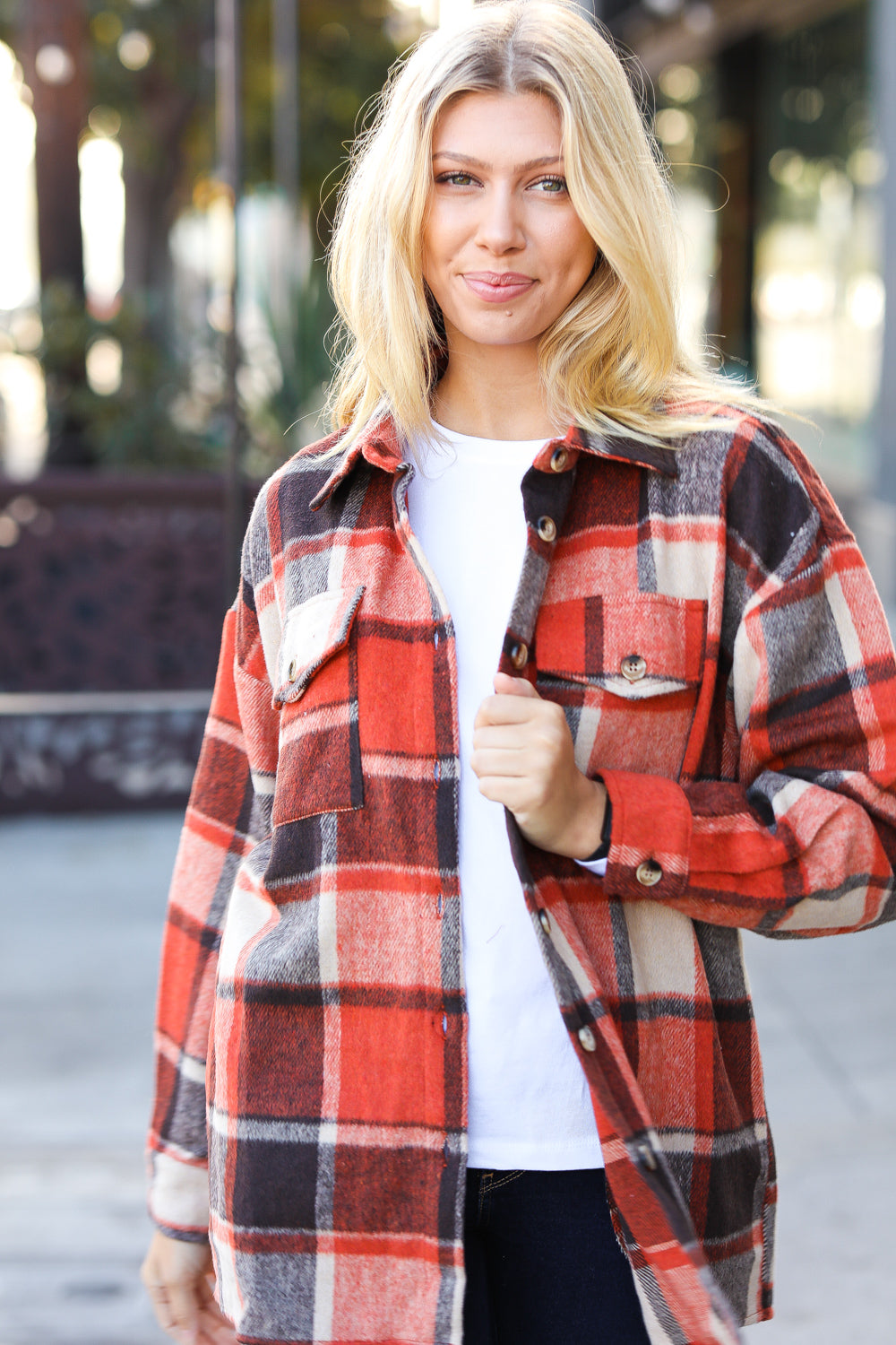 Rust Plaid Flannel Button Down Shacket -SALE-