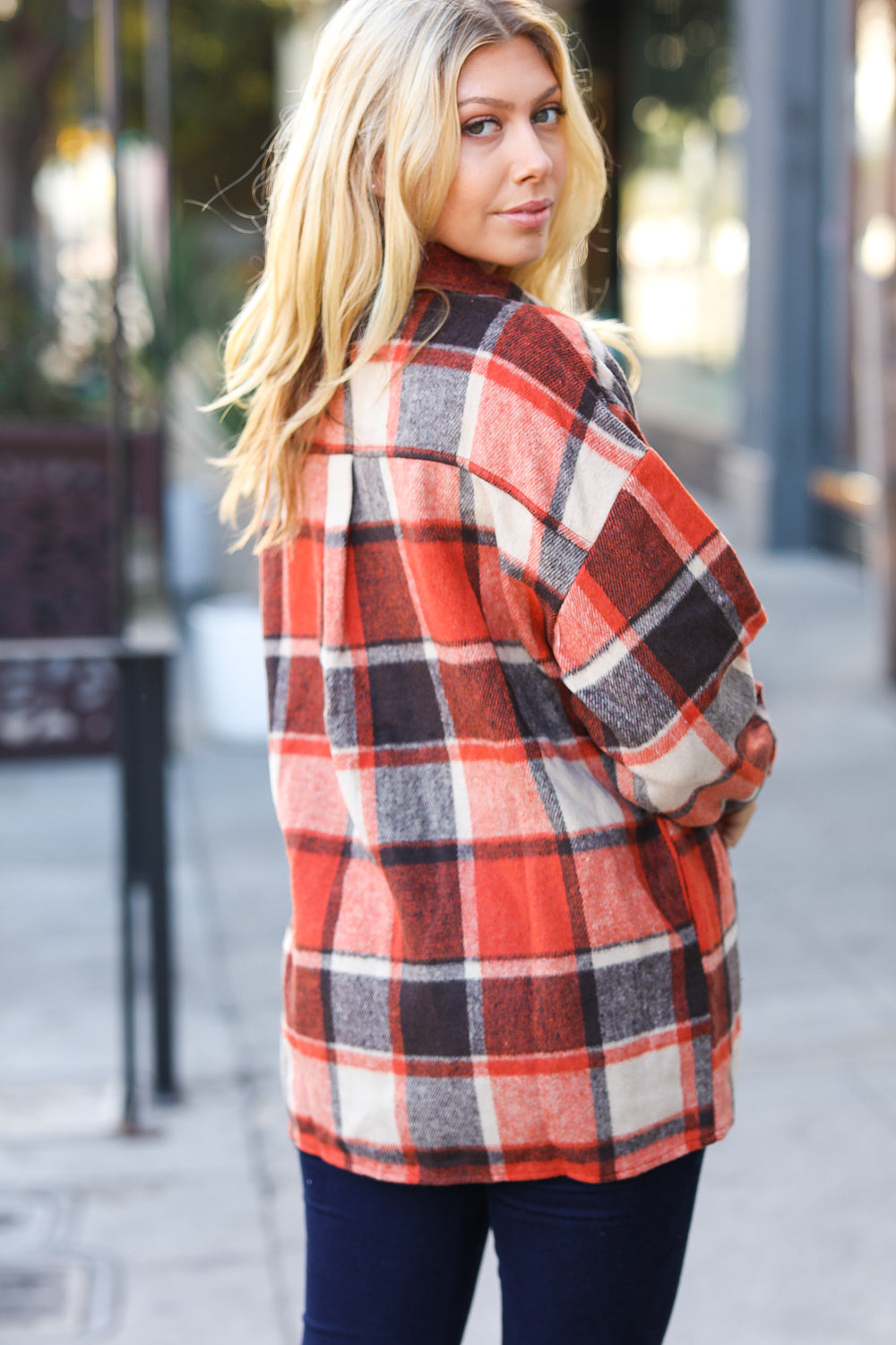 Rust Plaid Flannel Button Down Shacket -SALE-