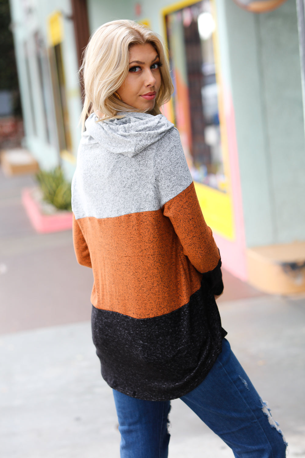 Heather Grey & Rust Color Block Hoodie Top -SALE-