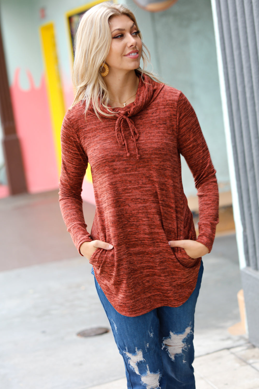 Rust Marled Cowl Neck Pocketed Top -SALE-