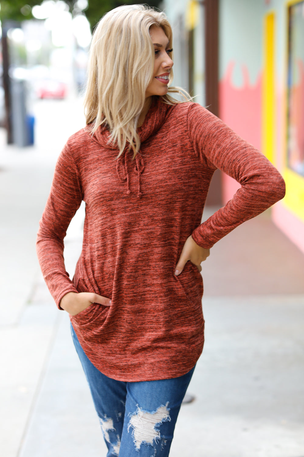 Rust Marled Cowl Neck Pocketed Top -SALE-