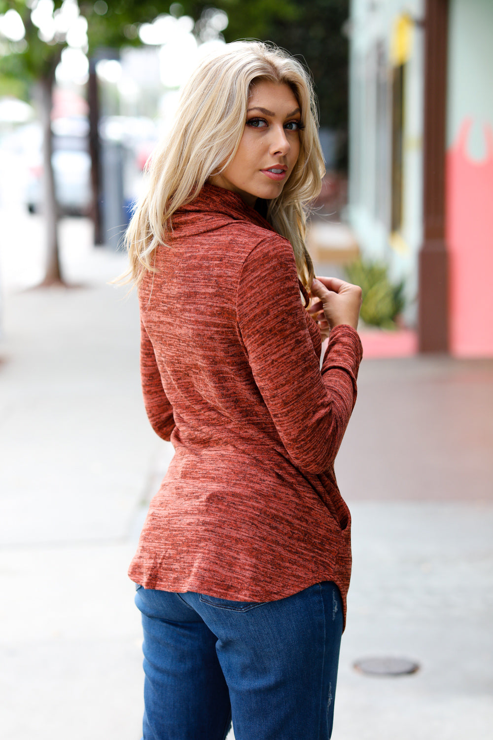 Rust Marled Cowl Neck Pocketed Top -SALE-