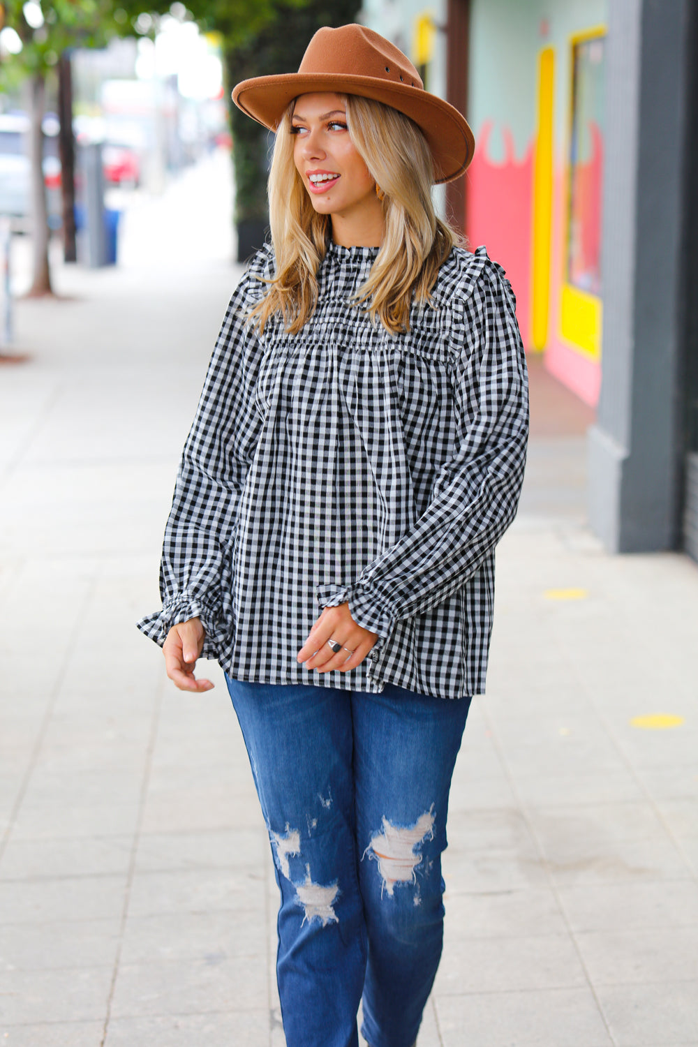 Black Gingham Shirred Yoke Mock Neck Frilled Top -sale-