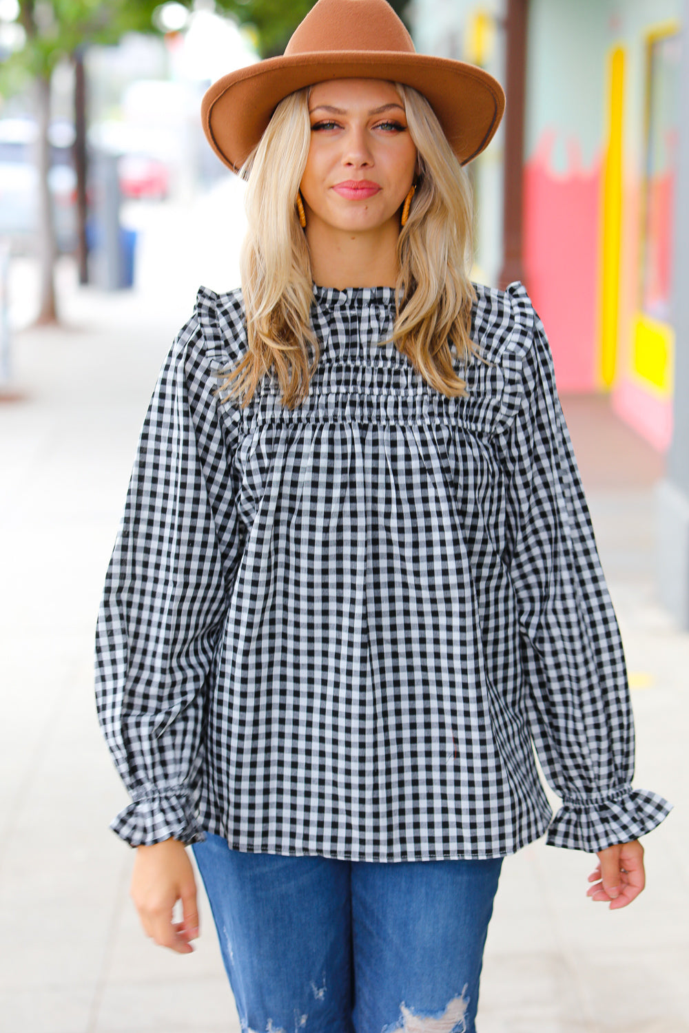 Black Gingham Shirred Yoke Mock Neck Frilled Top -sale-