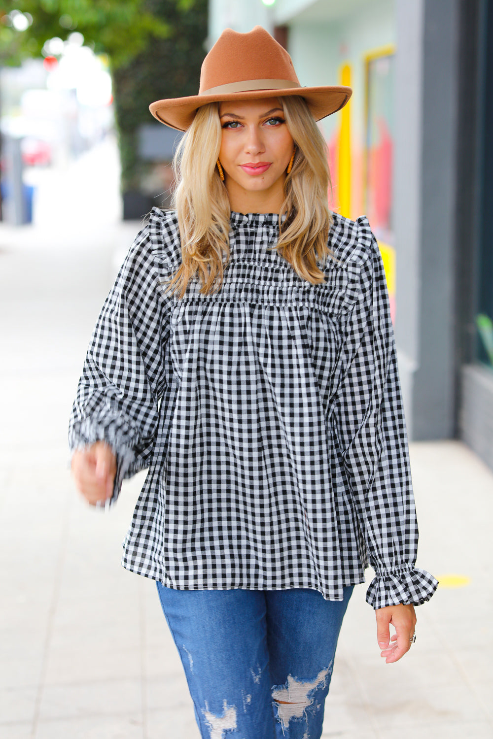 Black Gingham Shirred Yoke Mock Neck Frilled Top -sale-