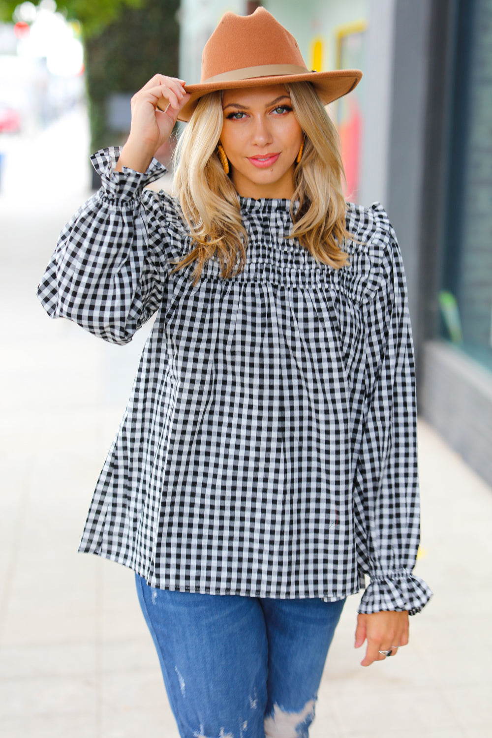 Black Gingham Shirred Yoke Mock Neck Frilled Top -sale-