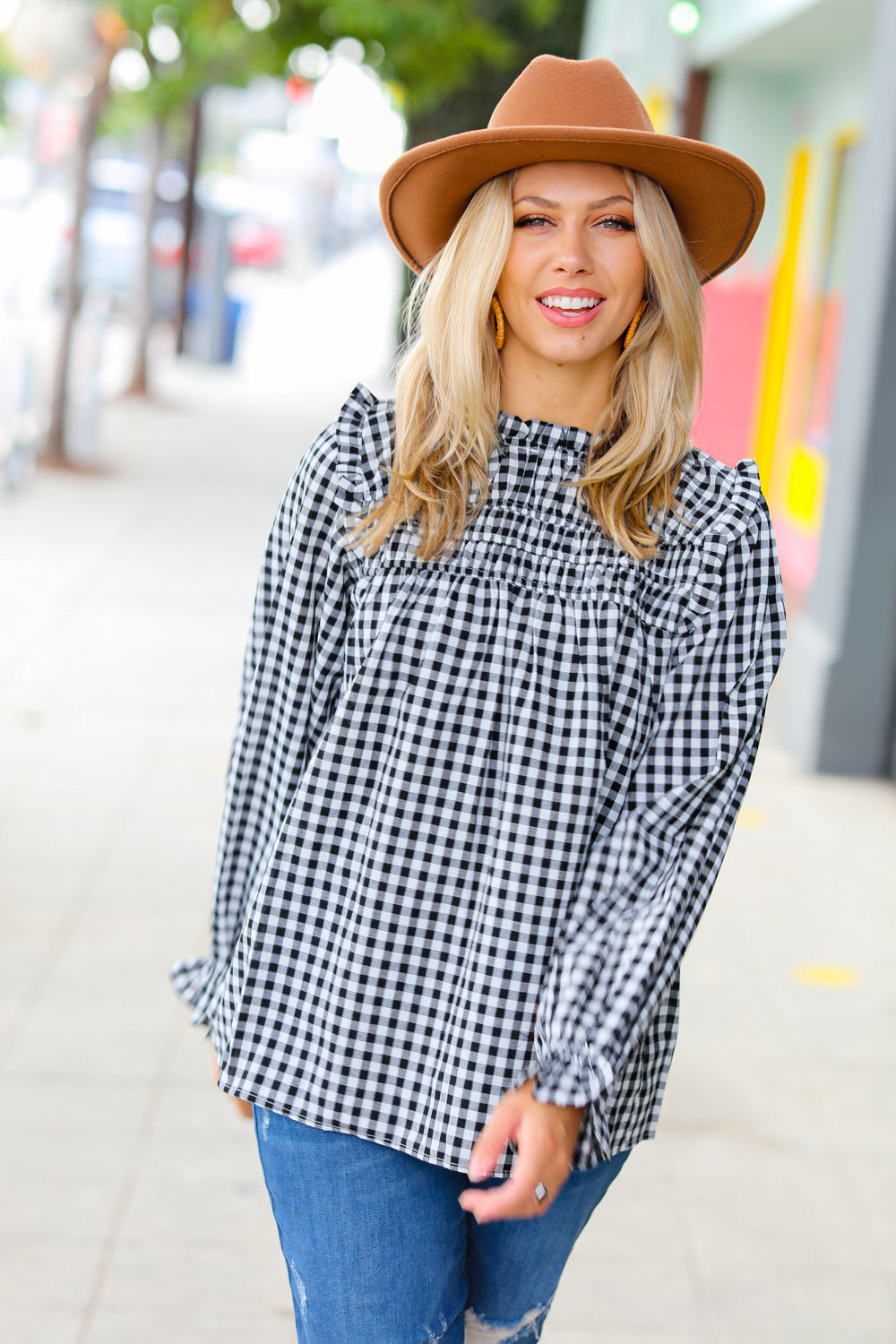 Black Gingham Shirred Yoke Mock Neck Frilled Top -sale-