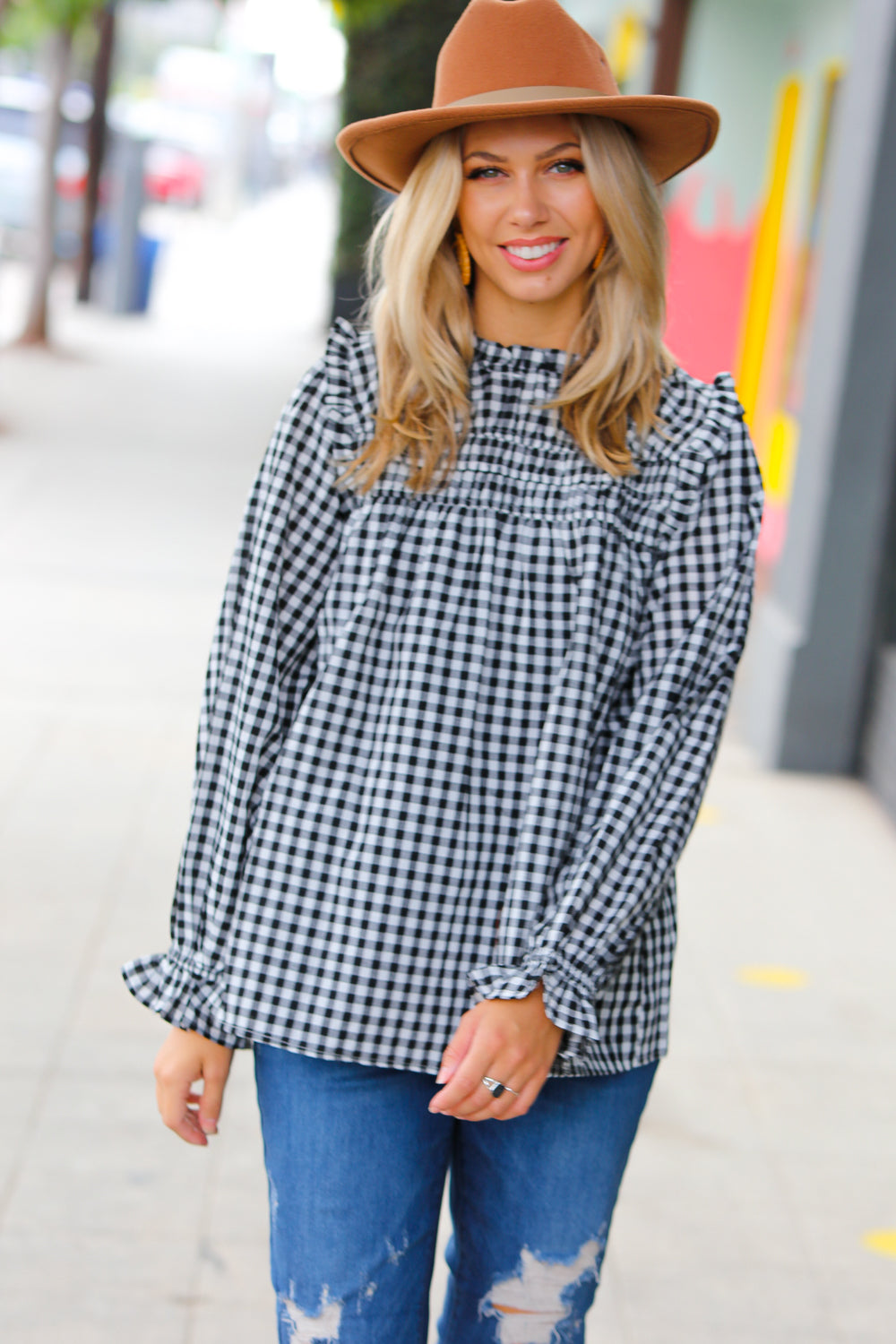 Black Gingham Shirred Yoke Mock Neck Frilled Top -sale-