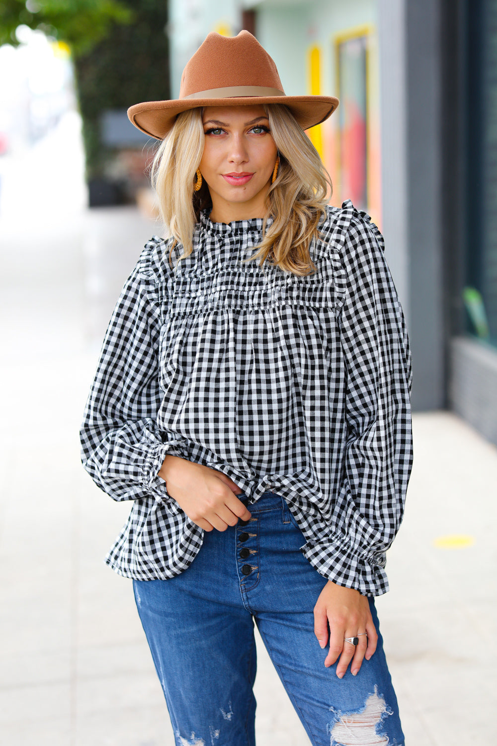 Black Gingham Shirred Yoke Mock Neck Frilled Top -sale-