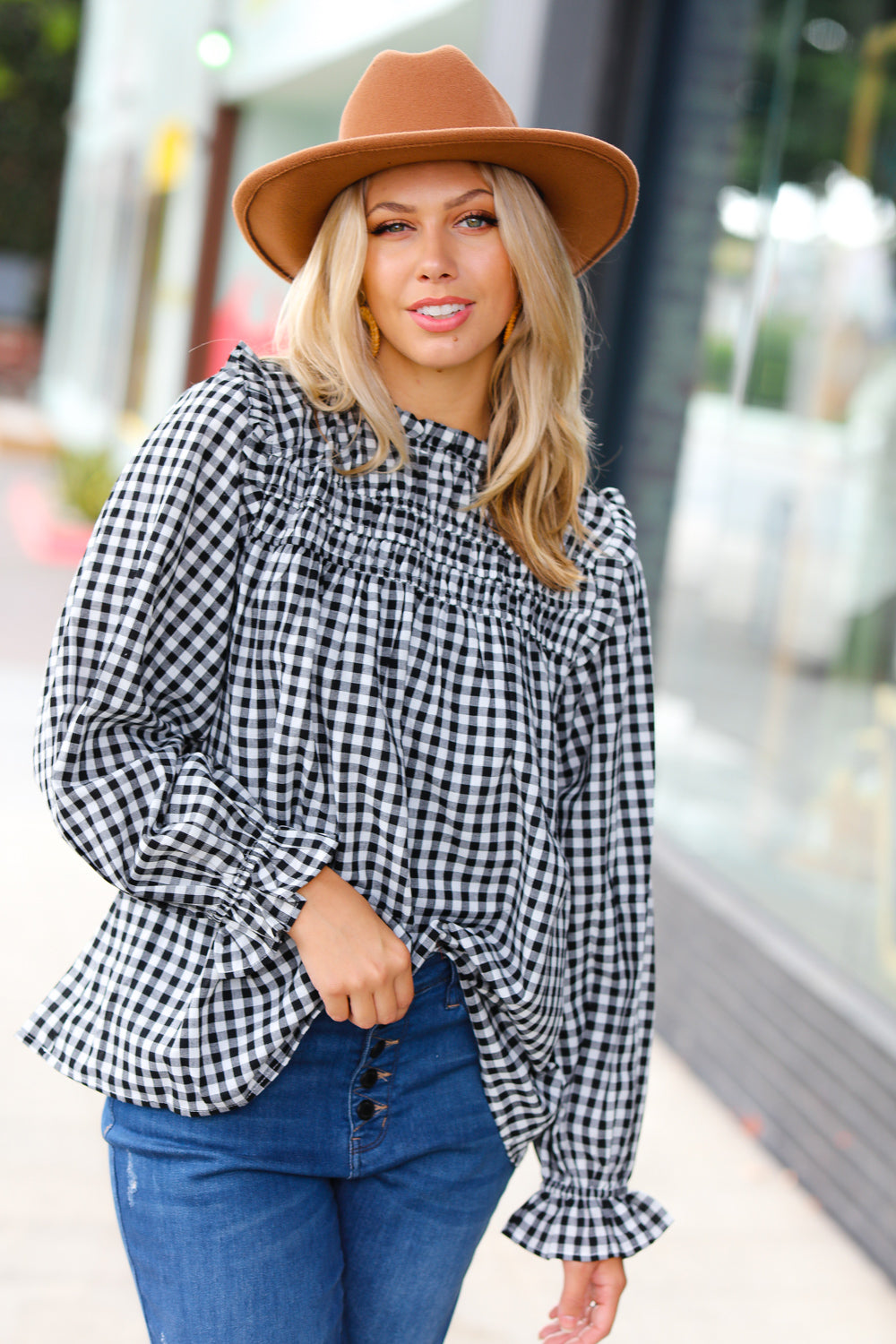 Black Gingham Shirred Yoke Mock Neck Frilled Top -sale-