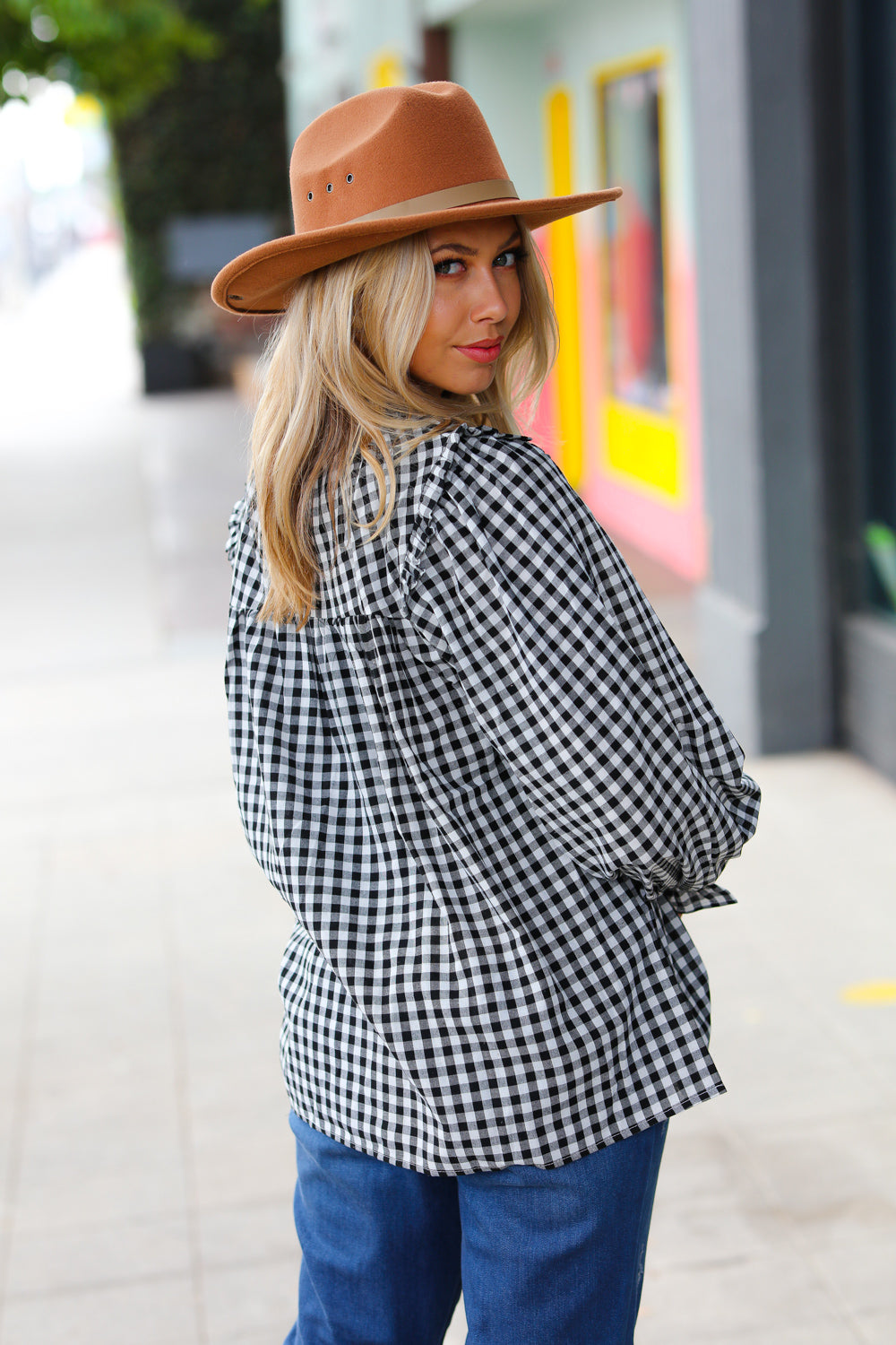 Black Gingham Shirred Yoke Mock Neck Frilled Top -sale-