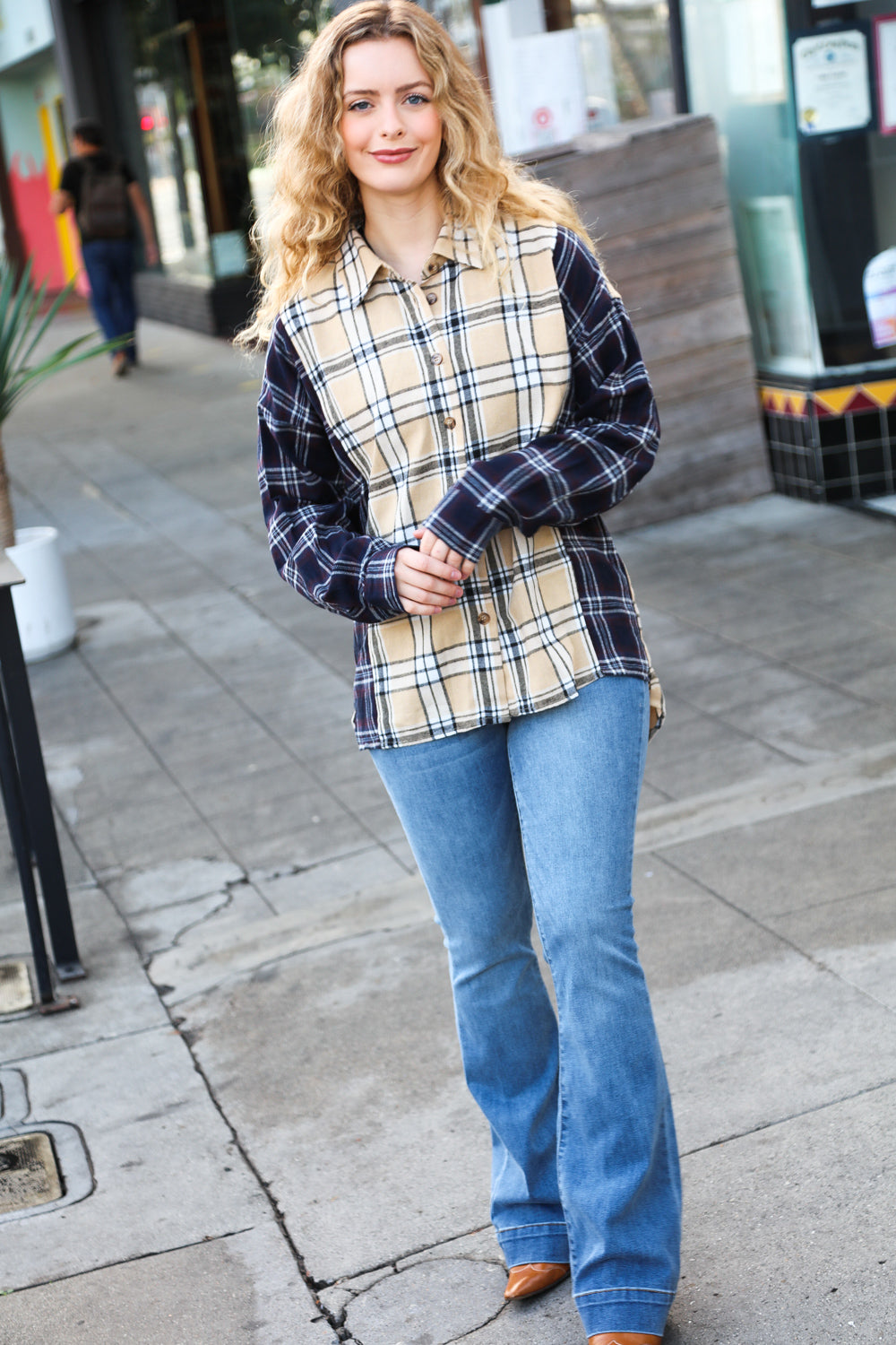 Navy & Beige Cotton Plaid Hi-Lo Shirt Top -SALE-